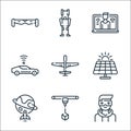 technology of the future line icons. linear set. quality vector line set such as man, d printer, spaceship, solar panel, uav,