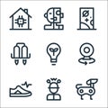 Technology of the future line icons. linear set. quality vector line set such as robot dog, mind reader, smart shoes, camera, eco