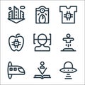 technology of the future line icons. linear set. quality vector line set such as ufo, book, hyperloop, teleportation, face scan,
