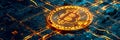 Technology global network Bitcoin gold coin . Neon bitcoin background