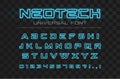 Technology glowing font. Fast sport, futuristic, future tech alphabet. Neon letters and numbers for high speed, techno