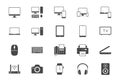 Technology glyph flat icons. Vector illustration include icon - computer, monitor, laptop, cellphone, router, fax
