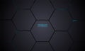 Technology hexagonal dark vector background. Gray honeycomb texture grid. Abstract blue bright energy flashes under hexagon.