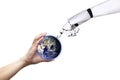Technology human hand globe robot White background of Earth image provided by Nasa