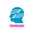 Technology - human head and electronic network - vector logo concept illustration. Computer digital chip sign. Graphic design. Royalty Free Stock Photo