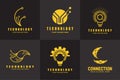 Technology icon, cyber security symbol, global engineering logo, gear, light bulb, brainstorming, circuit connection, computer