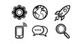 Technology icons set with gear globe rocket smartphone chat and magnifying glass vector illustration Royalty Free Stock Photo
