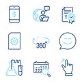 Technology icons set. Included icon as 360 degrees, Chemistry lab, Touchscreen gesture signs. Vector