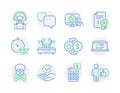 Technology icons set. Included icon as Reject certificate, Loyalty points, Calculator signs. Vector