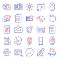 Technology icons set. Included icon as Upload file, Augmented reality, Interview. Vector Royalty Free Stock Photo