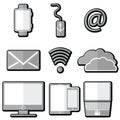 Technology icons with tablet, mobile phone, smart watch , ampersand, laptop, electronic mail, cloud storage , cloud computing, n Royalty Free Stock Photo
