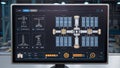 Futuristic space station design interface displayed on modern computer screen in factory setting Royalty Free Stock Photo