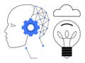 Artificial Intelligence, Innovation, and Cloud Computing Concept with Network, Gear, and Light Bulb Icons Royalty Free Stock Photo