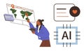 Person Using Digital Tools with Global Map, Artificial Intelligence Technology, and Online Communication Icons Royalty Free Stock Photo