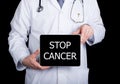 Technology, internet and networking in medicine concept - Doctor holding a tablet pc with stop cancer sign. Internet Royalty Free Stock Photo