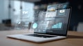 Technology laptop data analytics dashboard hologram futuristic interface digital screen modern laptop showing hologram data Royalty Free Stock Photo