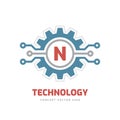 Technology Letter N - vector logo template concept illustration. Cogwheel gear abstract sign. SEO. Graphic design element Royalty Free Stock Photo