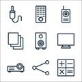 Technology line icons. linear set. quality vector line set such as calculator, share, video projection, computer, sound, files,