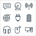 technology line icons. linear set. quality vector line set such as computer, mouse, headphones, battery, plug, cinema reel, web