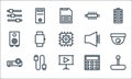 technology line icons. linear set. quality vector line set such as joystick, video presentation, video projection, calculator,