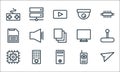 technology line icons. linear set. quality vector line set such as send, cpu, microchip, phone, remote, save, computer, cctv, Royalty Free Stock Photo