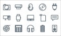 technology line icons. linear set. quality vector line set such as sound, headphones, cinema reel, battery, calculator, computer,