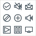 technology line icons. linear set. quality vector line set such as tv monitor, switch, play, sound, plus, caution, mail, silent