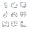 technology line icons. linear set. quality vector line set such as usb, question, floppy disc, multiple devices, printer, mouse,