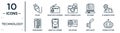 technology linear icon set. includes thin line plugs, photo camera flash, ip address point locator, heart in a screen, spotlights