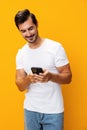Man cyberspace space smartphone phone smiling communication copy portrait Royalty Free Stock Photo