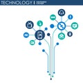 Technology mechanism concept. Abstract background with integrated gears and icons for digital, strategy, internet, network, connec