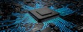 The technology of microchip circuit boards involves advanced electronics and semiconductor materials in cpu processors Royalty Free Stock Photo