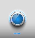 Technology music blue glow glossy button icon, volume settings, sound control vector knob with white plastic ring, scale. Royalty Free Stock Photo