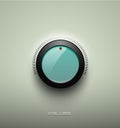 Technology music green glassy button icon, volume settings, sound control knob with black plastic ring, scale, shadow and light. Royalty Free Stock Photo