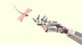 Technology and nature concept, surreal artwork, robot hand with dragonfly