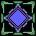Technology neon square frame, multicolored shapes with shining effects on dark halftone background.