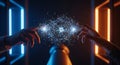 Technology network connection displaying digital data innovation with futuristic communication hands interacting through an AI-pow Royalty Free Stock Photo