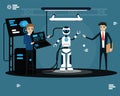 Technology robotic concept,Programmer is loading data to robot, Process of building the robot flat design concept,Vector