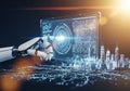 Technology Robotic Hand Interacting with a Smart City Holographic Interface Displaying Urban Data and Network Connections Against Royalty Free Stock Photo