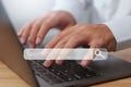 Technology search engine optimization SEO. Man hands are using a computer notebook to searching for data information. Royalty Free Stock Photo