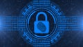 Technology Secure Concept - padlock with fingerprint - binary code hud - graphic elements on blurred background as circuit board
