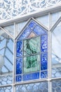 Technology / sundial: Closeup of a stained glass sundial built into a museum`s conservatory.