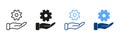 Technology Support, Cog Wheel Black and Color Pictogram. Hand Holds Gear Line and Silhouette Icon Set. Technical Royalty Free Stock Photo