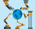 Technology is taking over the world. Robot hands and planet earth, technological progress and innovation process