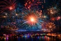 A technology-themed New Year\'s celebration with a holographic display of fireworks bursting in a digital realm.