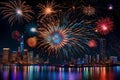 A technology-themed New Year\'s celebration with a holographic display of fireworks bursting in a digital realm.
