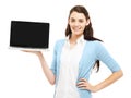 Technology to endorse your brand. Pretty young woman holding up a laptop with the screen facing you against a white
