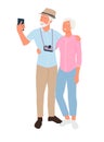 Technology, tourism, travel and people concept - happy senior couple with smartphone taking selfie. Modern flat cartoon