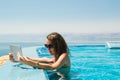 Technology and vacation concept. Luxury travel. Young pretty woman using tablet computer in infinity pool at resort.