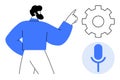 Man Gesturing to a Gear Icon and a Microphone, Technology, Voice Control, and Automation Concepts Royalty Free Stock Photo
